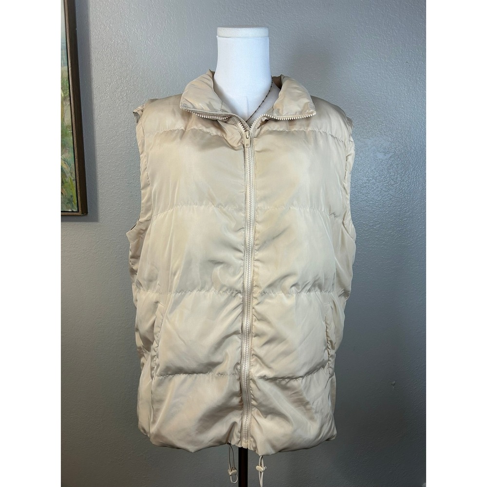 Automett Beige Puffer Vest Full Zip Collar Drawstring Waist Pockets Size L‎
